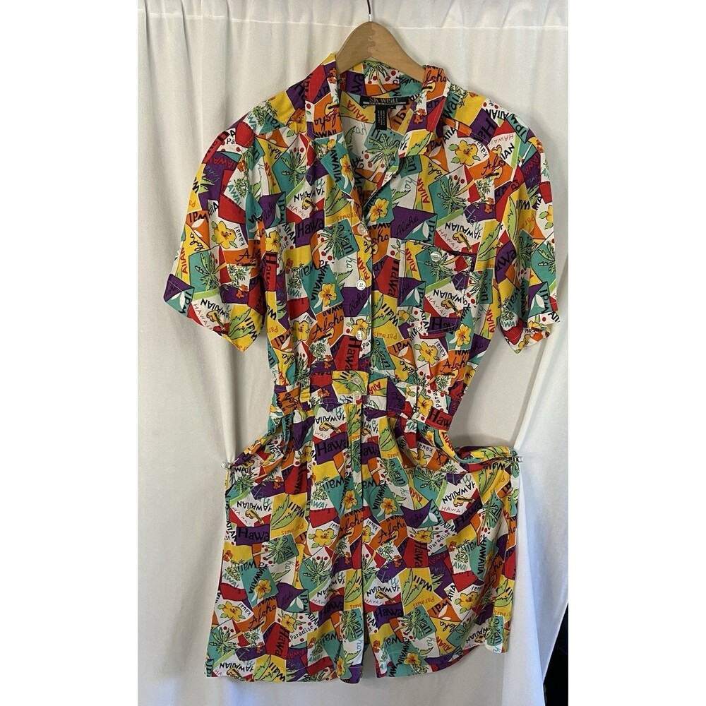 Vintage 80's Hawaiian Print Romper Colorful Aloha Button Front Shorts Medim